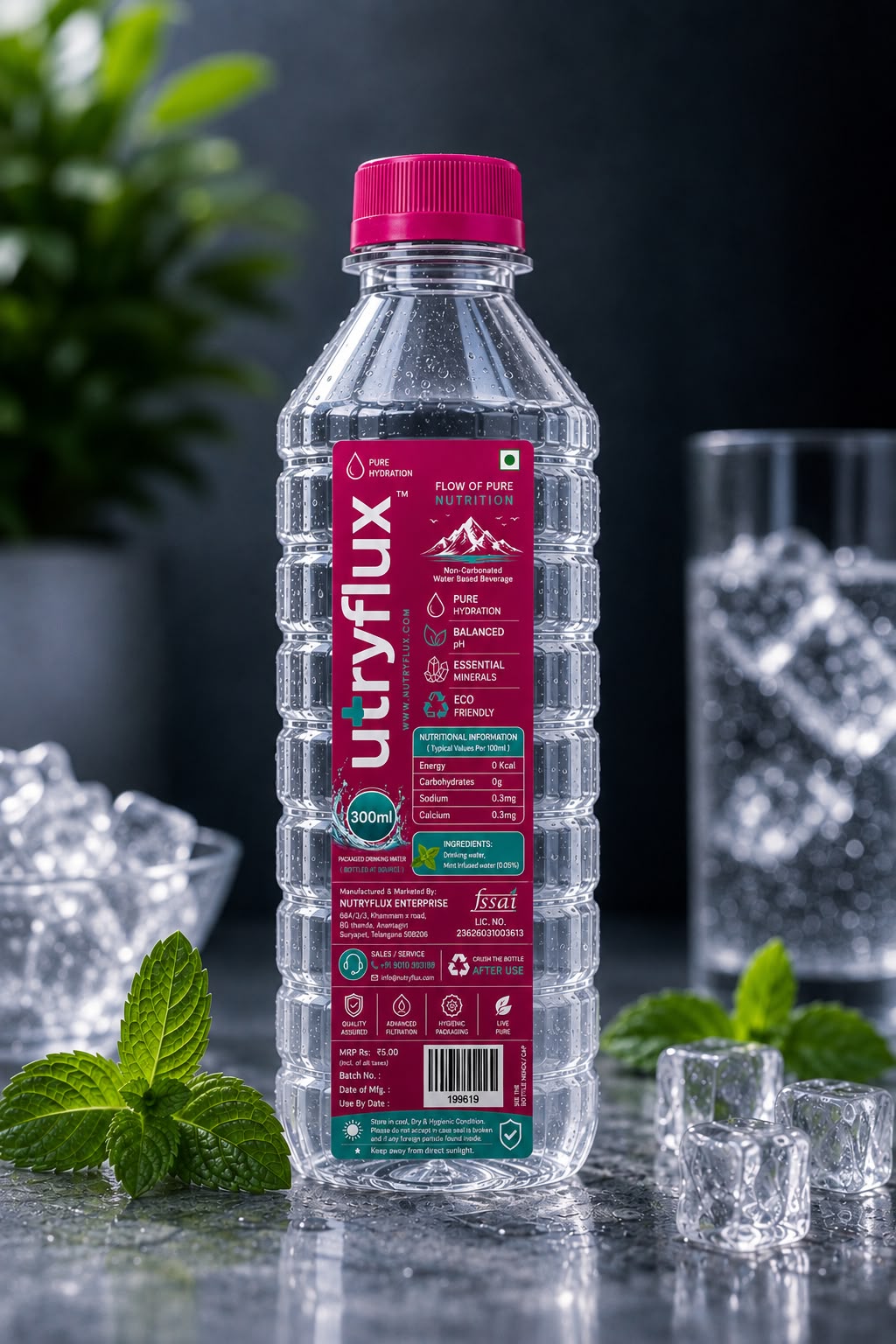 NUTRYFLUX bottled water served cold with ice and mint